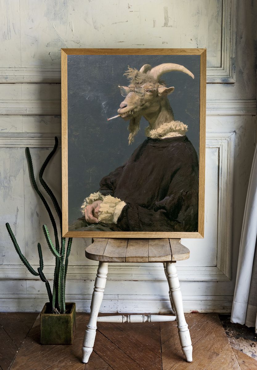 Smoking Goat Portrait Print. — room view 1