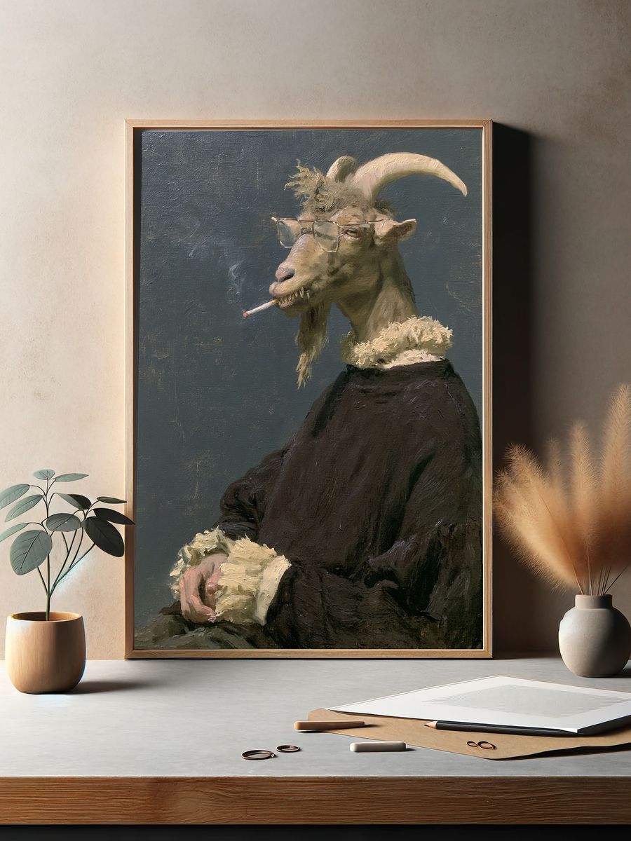 Smoking Goat Portrait Print. — room view 2