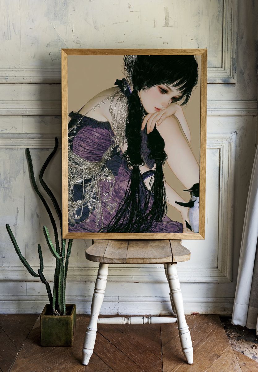 Gothic Girl with Penguin Photography Poster. room preview
