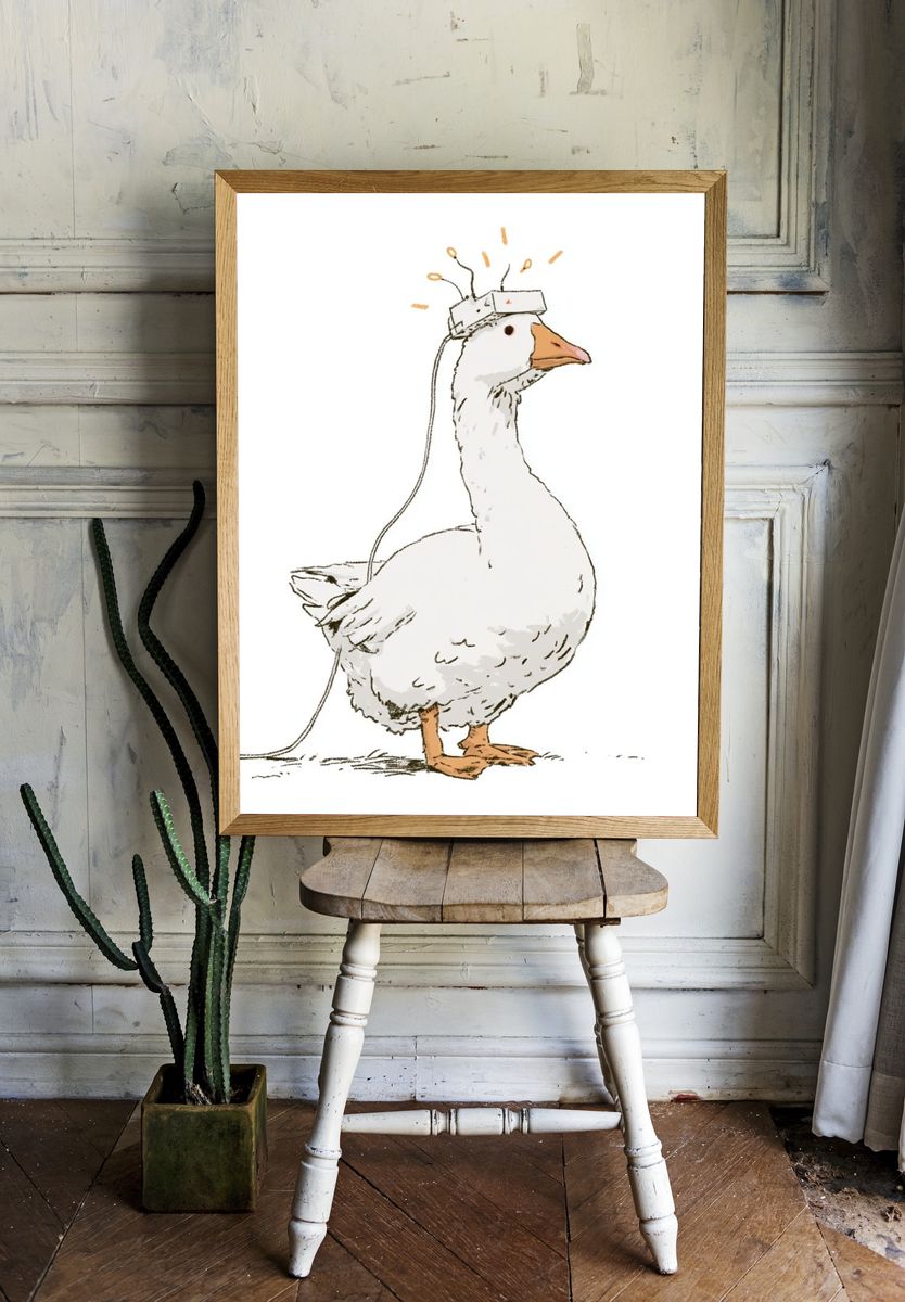Goose with Headset Illustration Print. room preview