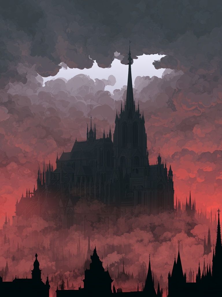 Gothic Cathedral in Crimson Clouds Poster. poster — fine-art art