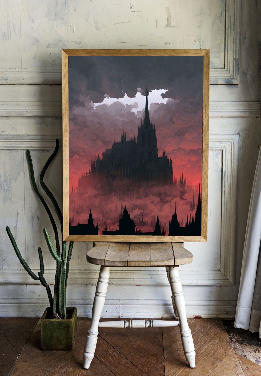 Gothic Cathedral in Crimson Clouds Poster. — room view 1
