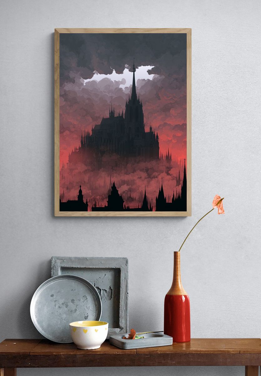 Gothic Cathedral in Crimson Clouds Poster. — room view 3