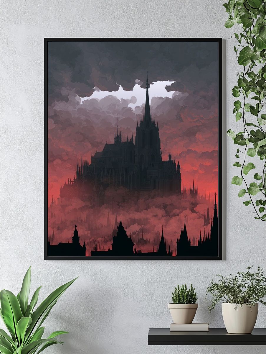 Gothic Cathedral in Crimson Clouds Poster. — room view 4