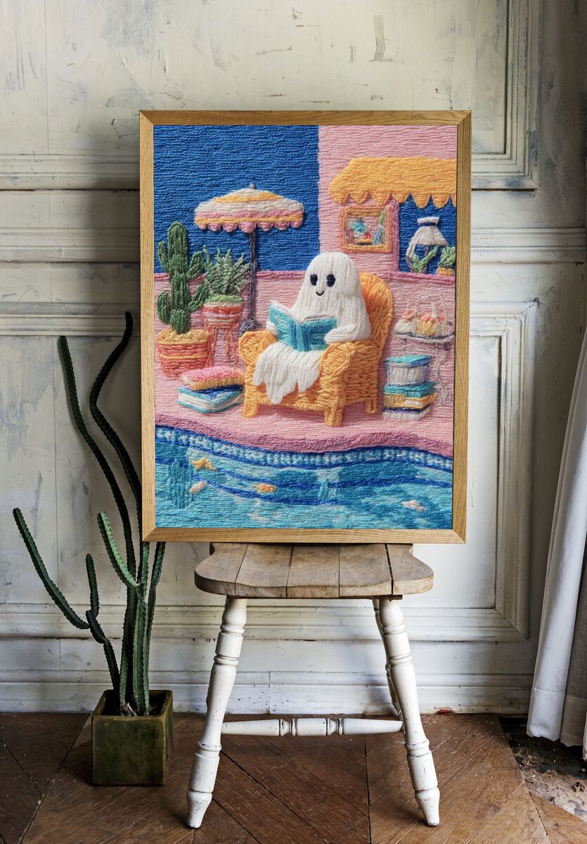 Ghost Reading by the Pool — Illustration Print. room preview
