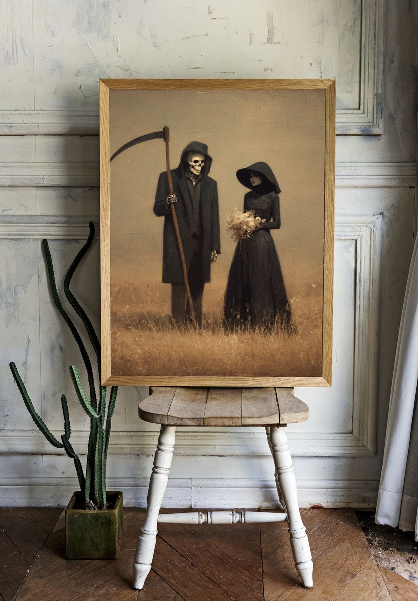 Grim Reaper and Bride — Dark Art Print. — room view 1