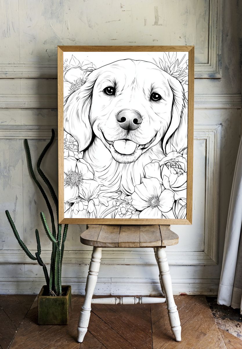 Golden Retriever Floral Line-Art Poster. — room view 1