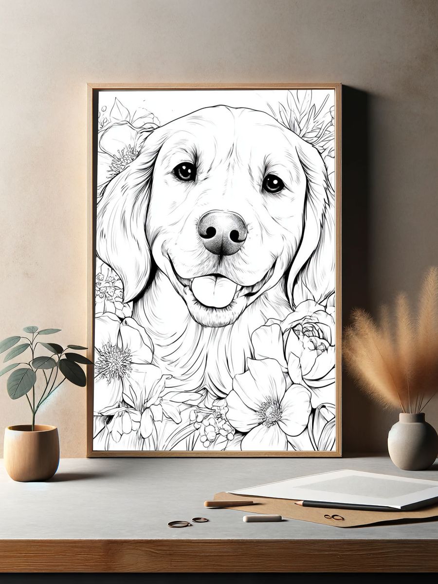 Golden Retriever Floral Line-Art Poster. — room view 2