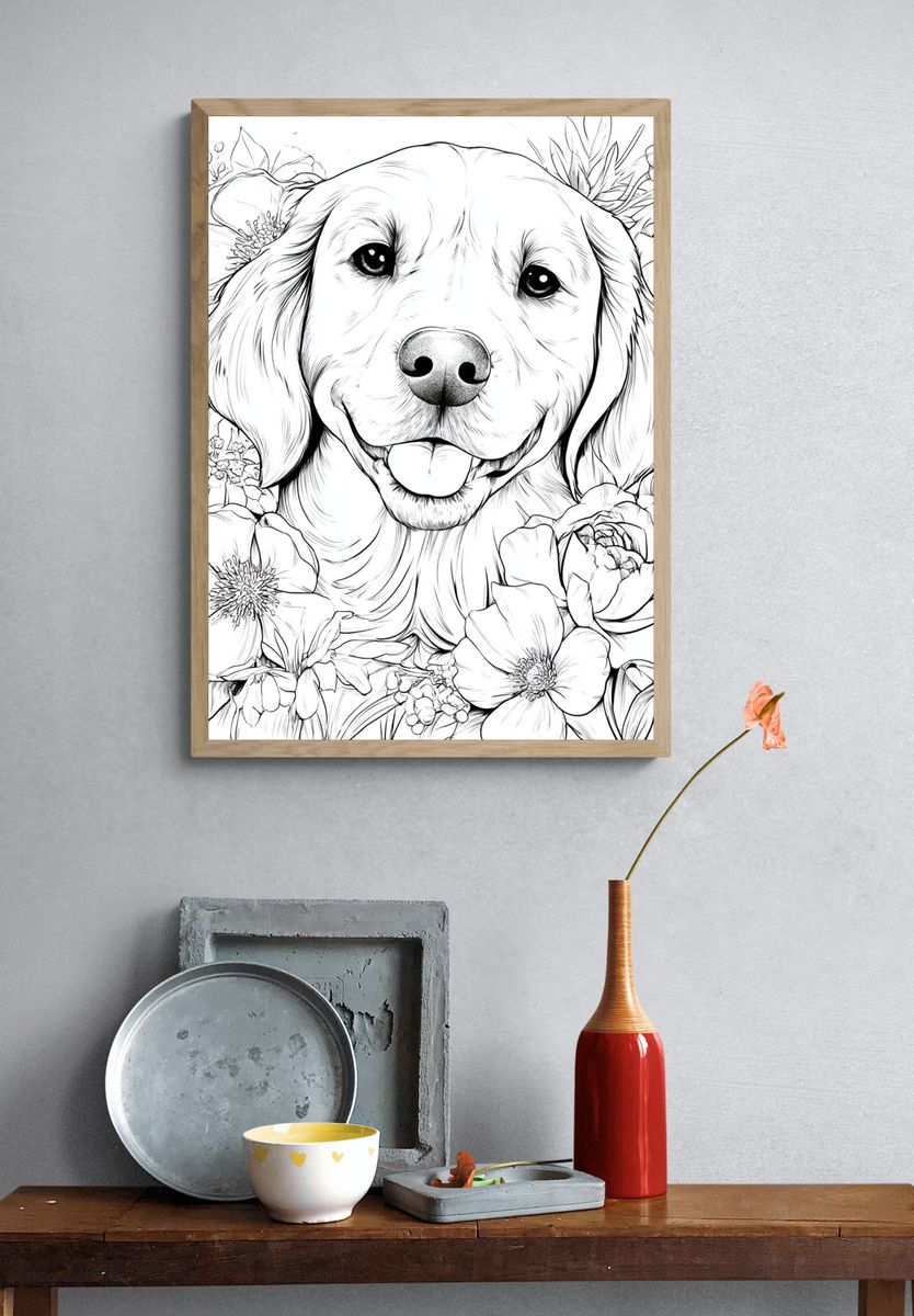Golden Retriever Floral Line-Art Poster. — room view 3
