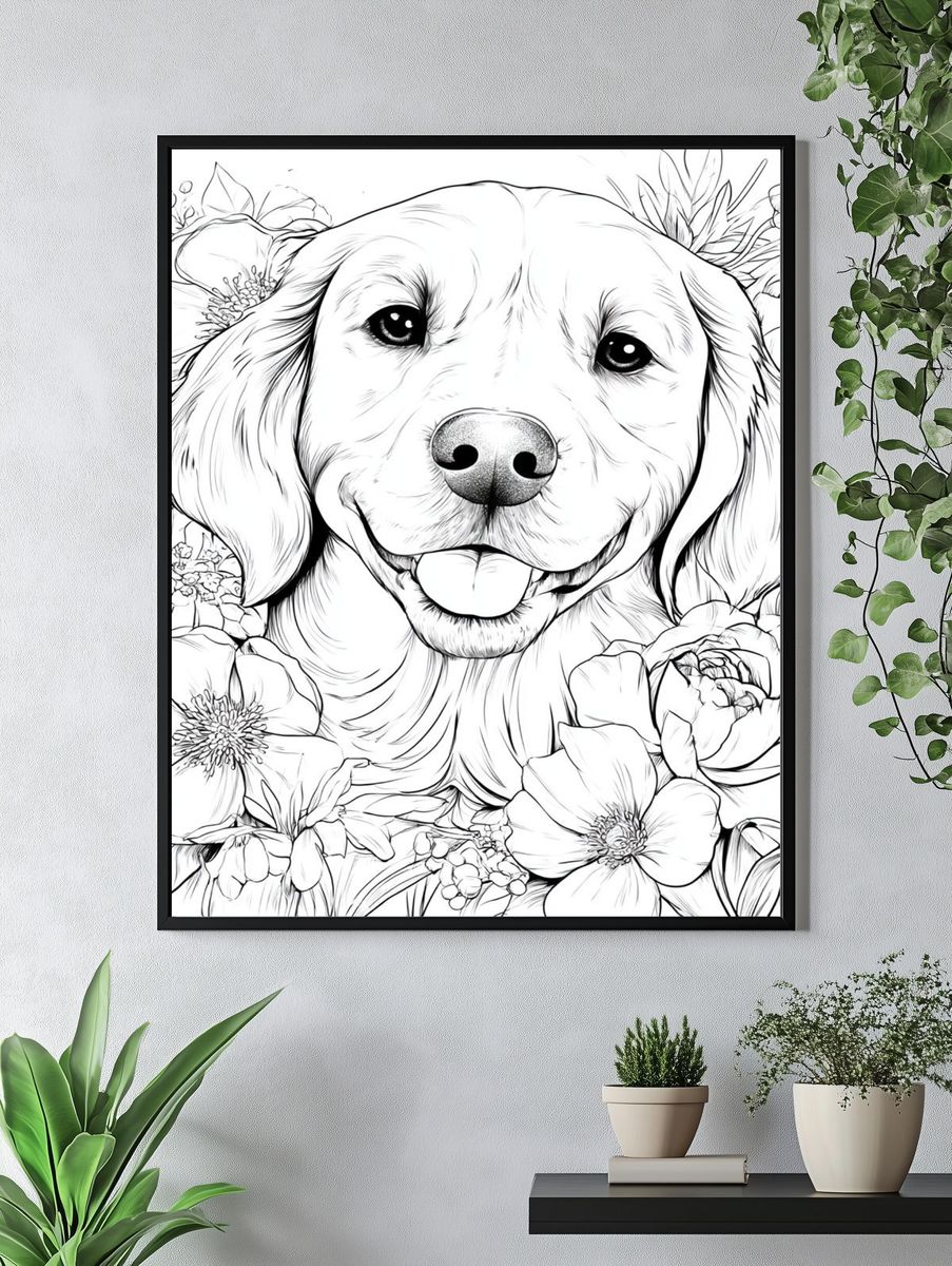 Golden Retriever Floral Line-Art Poster. — room view 4