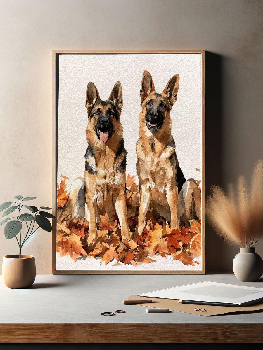 German Shepherd Autumn Watercolor Poster. — room view 2