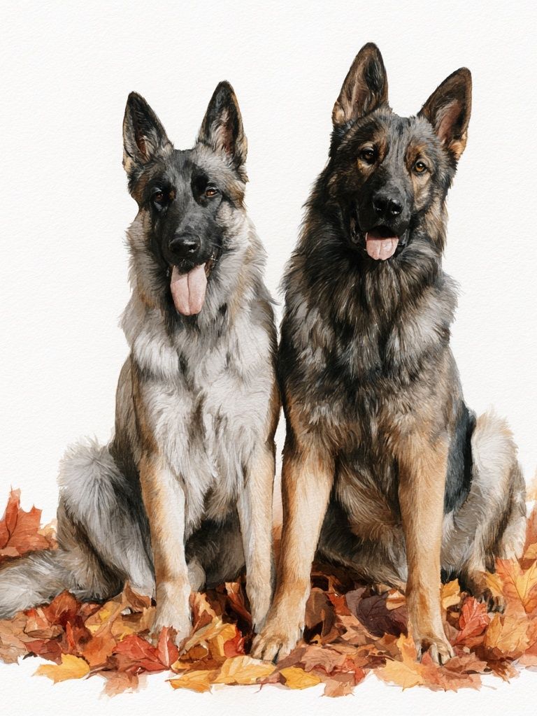 German Shepherds in Autumn Leaves Print. poster — animals art