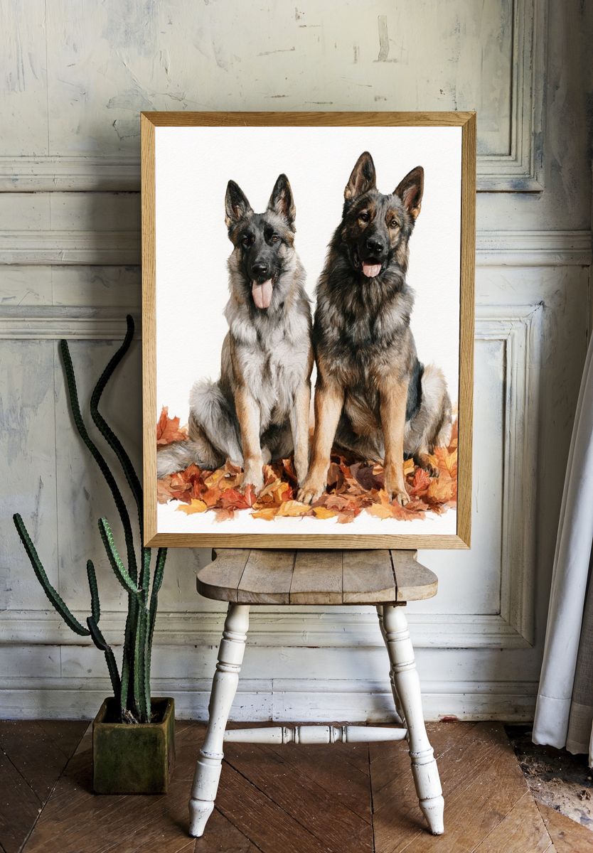 German Shepherds in Autumn Leaves Print. — room view 1