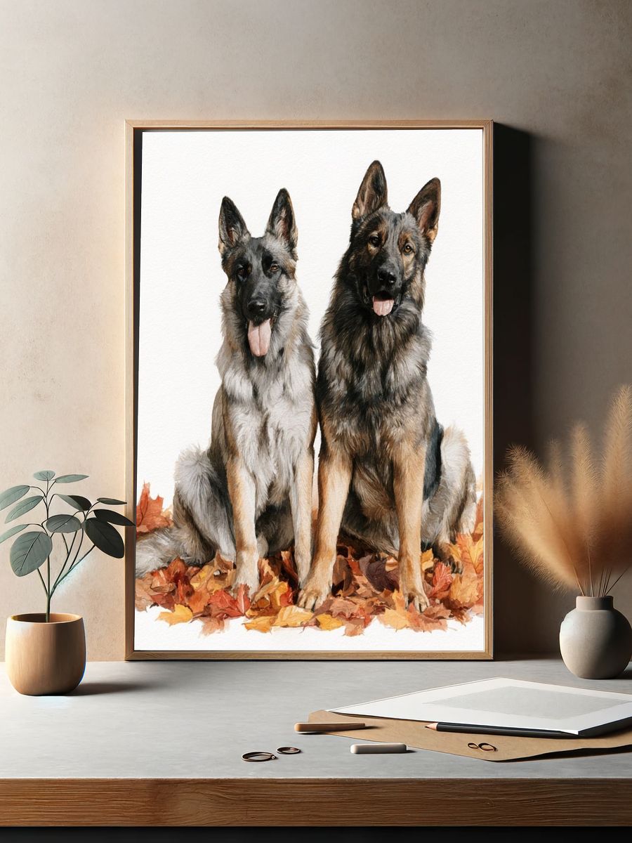 German Shepherds in Autumn Leaves Print. — room view 2