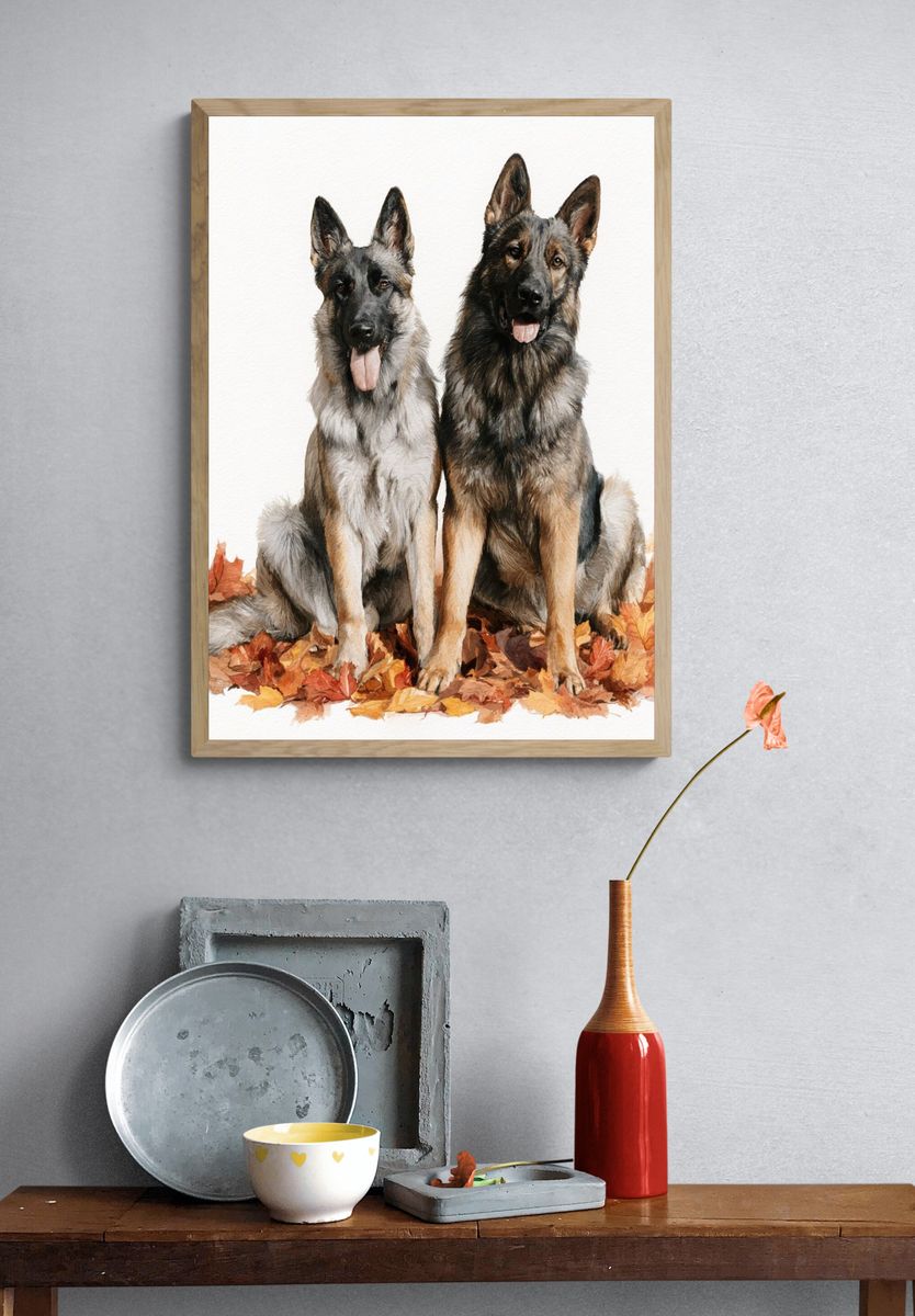 German Shepherds in Autumn Leaves Print. — room view 3