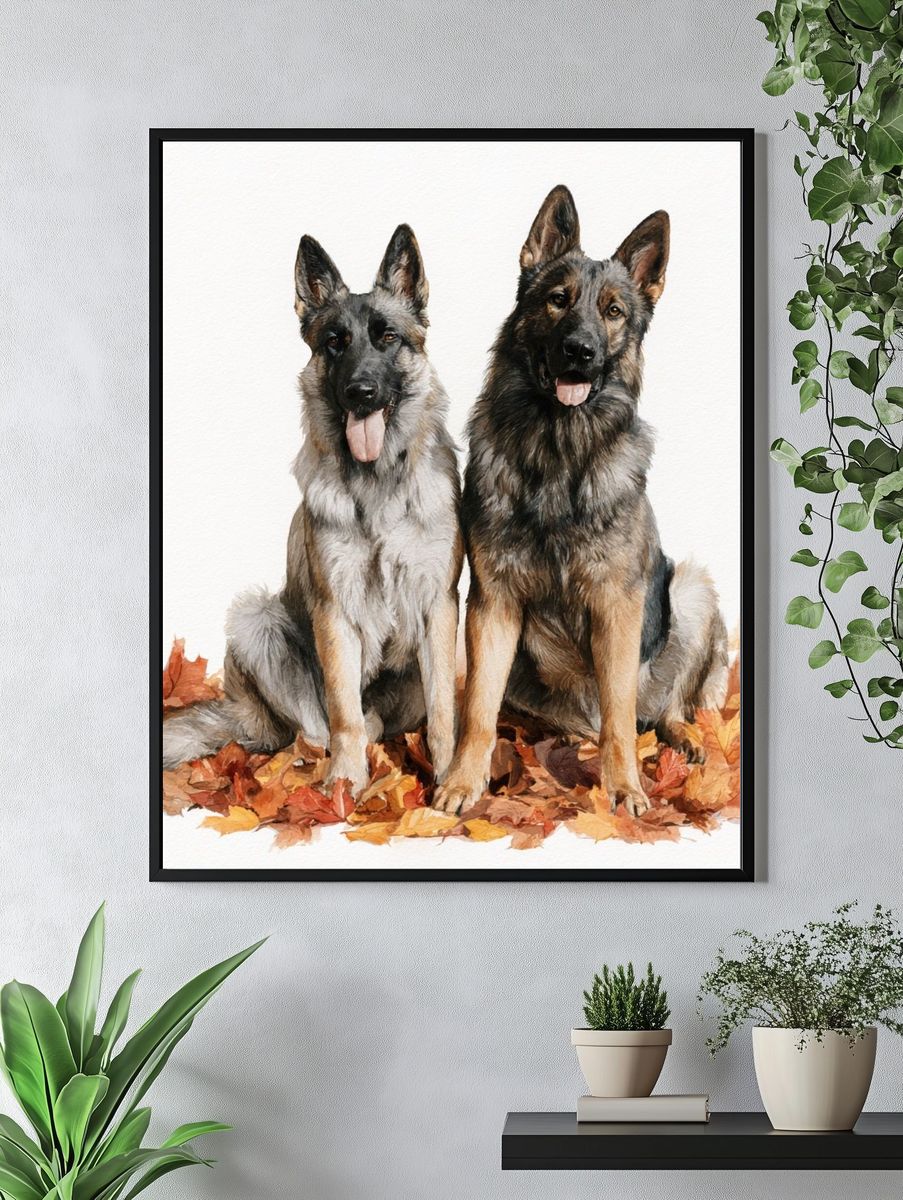 German Shepherds in Autumn Leaves Print. — room view 4