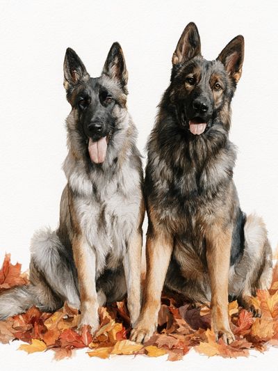 German Shepherds in Autumn Leaves Print. poster