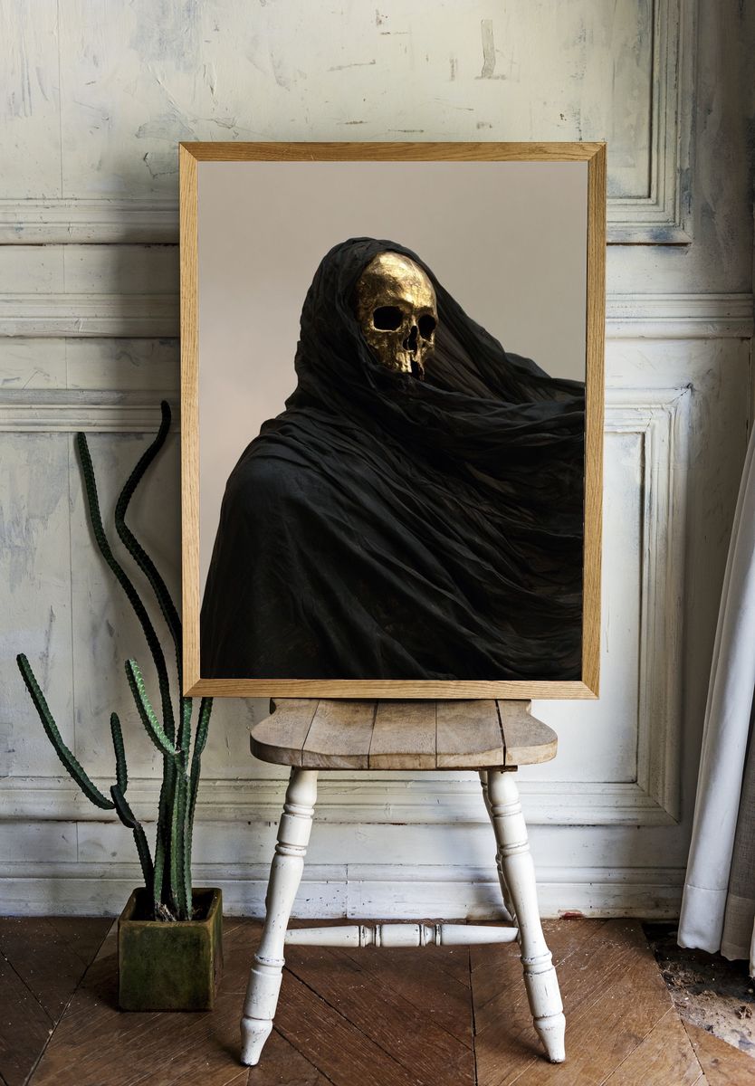 Golden Skull Dark Art Print. room preview