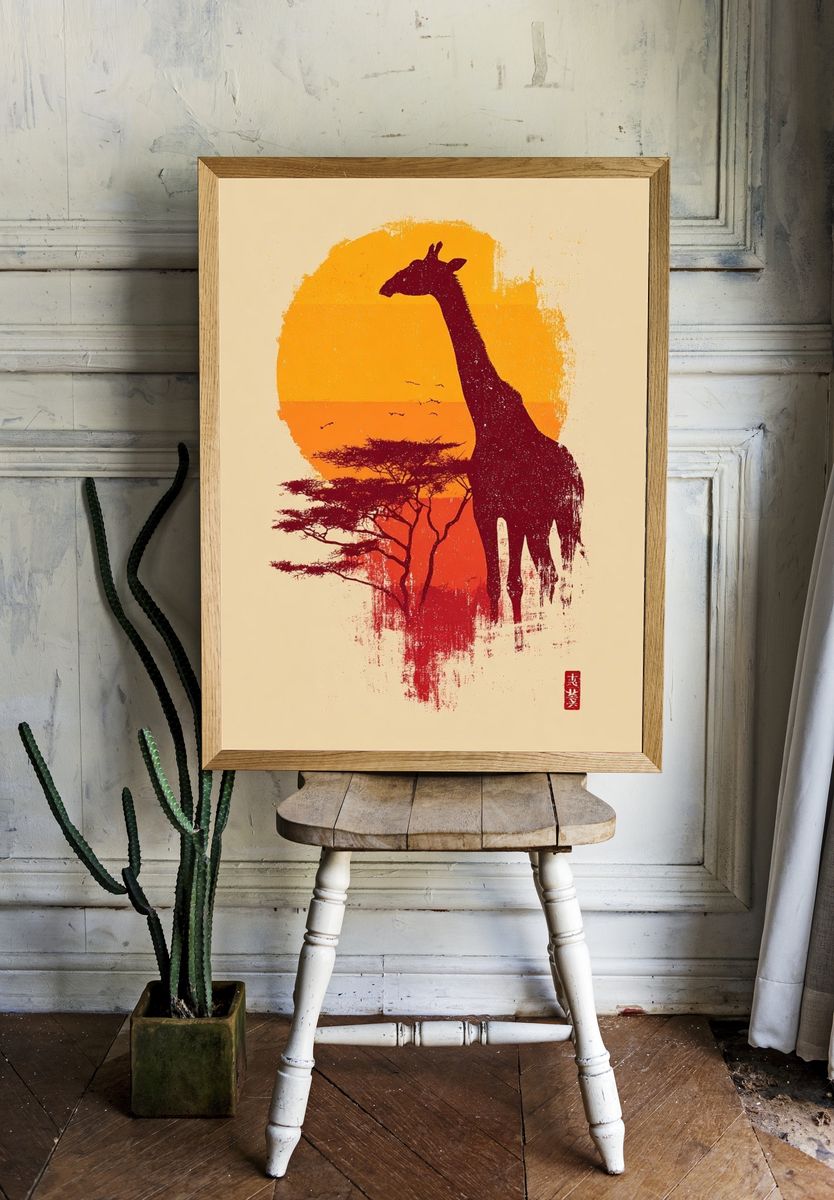 Giraffe Silhouette Sunset Poster room preview