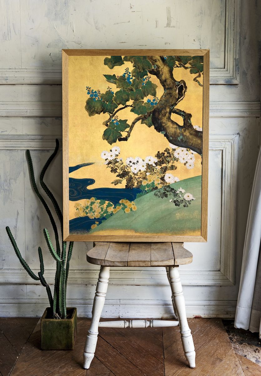 Golden Tree and Flowers — Fine Art Print. room preview