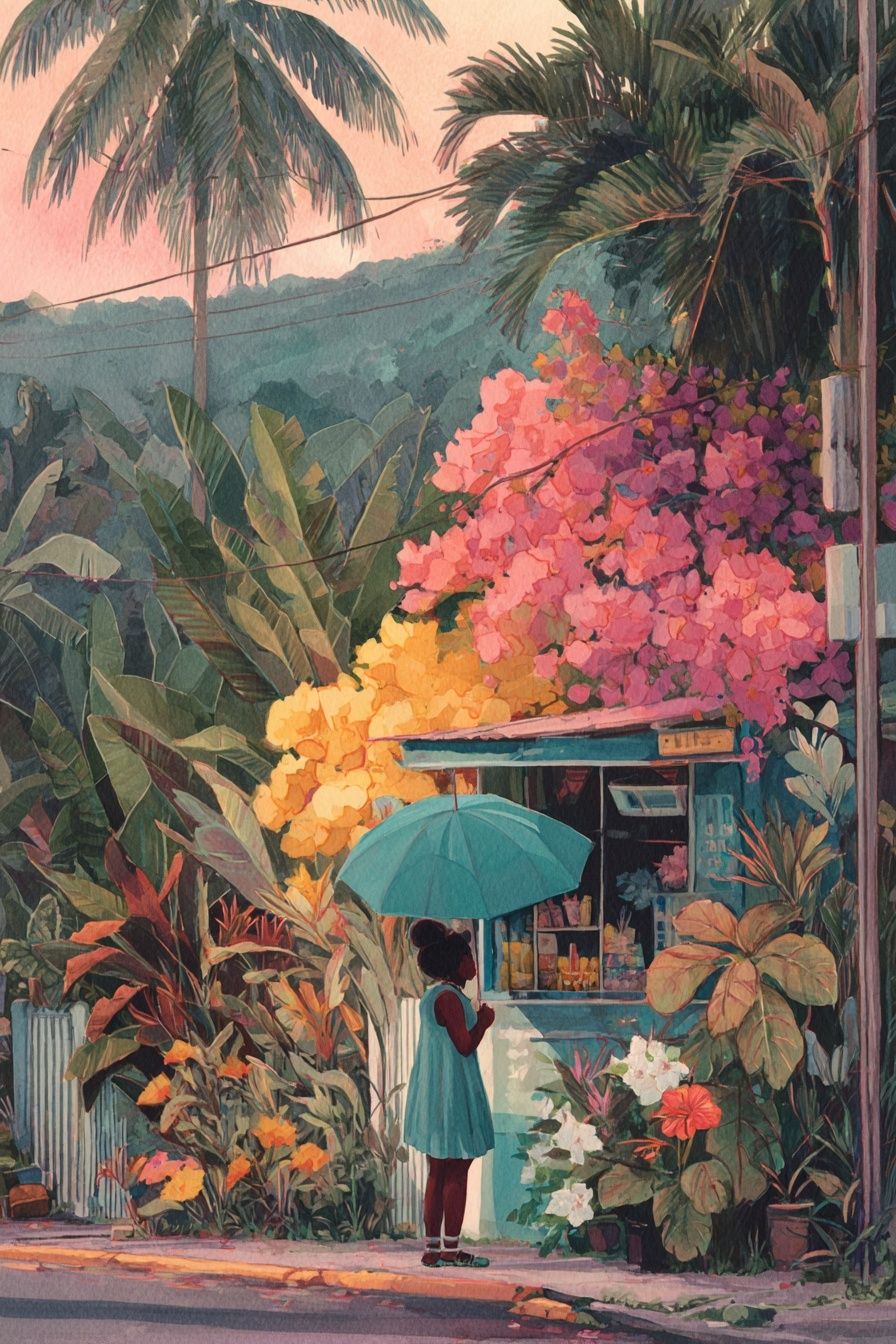 Girl with Umbrella — Watercolor Print. poster detail