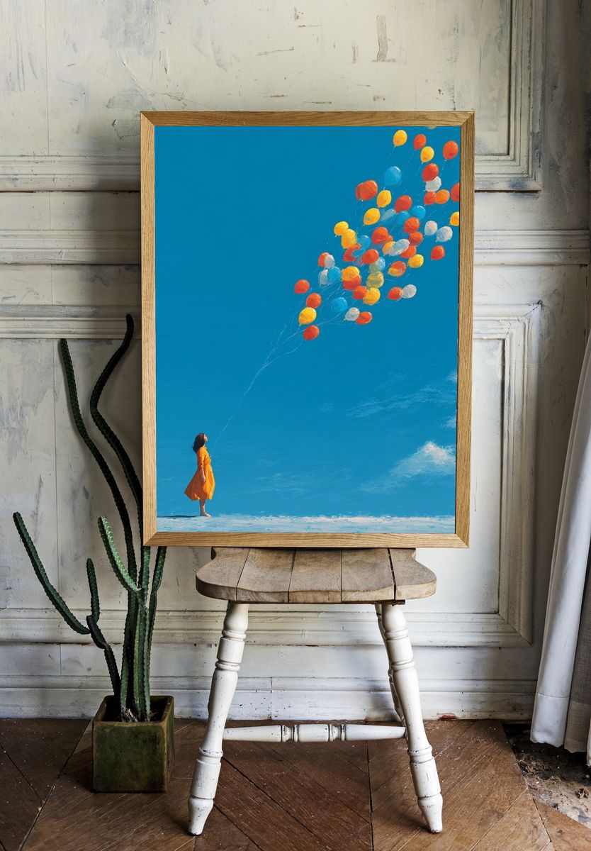 Girl with Balloons — Digital Art Print. room preview