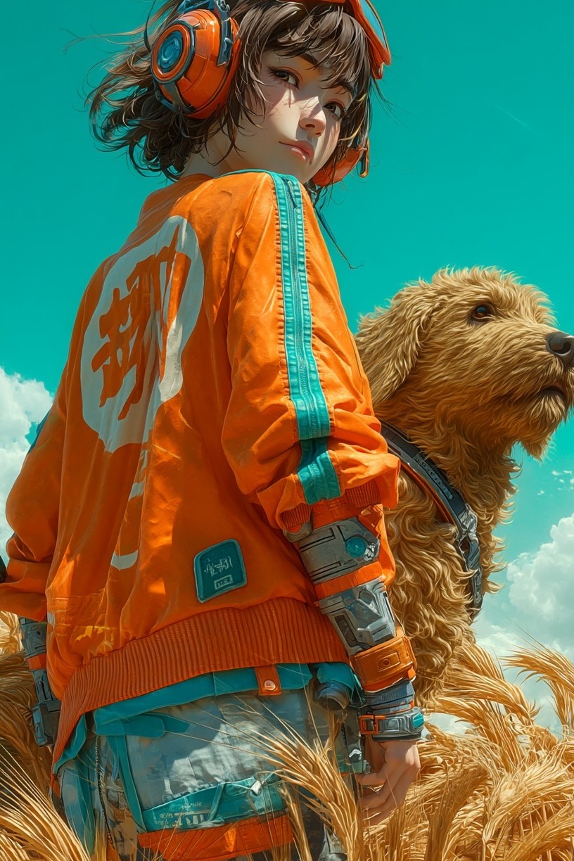 Girl with Dog — Digital Art Print. poster — illustration art