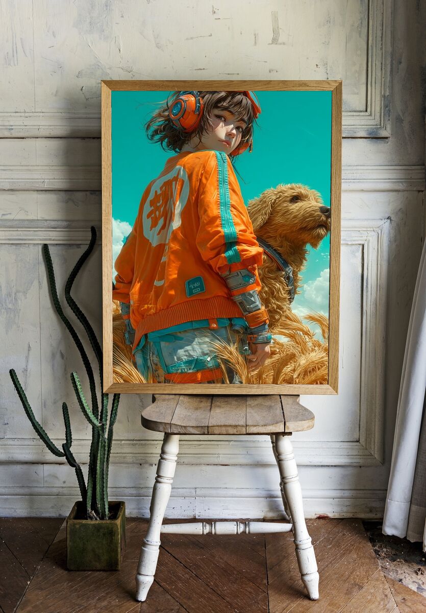 Girl with Dog — Digital Art Print. — room view 1