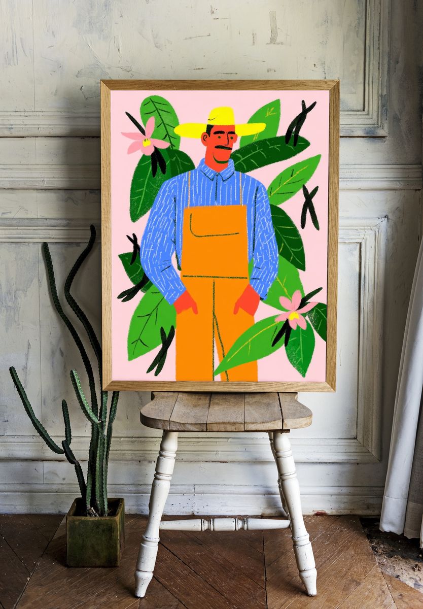 Gardener with Flowers — Illustration Print. room preview