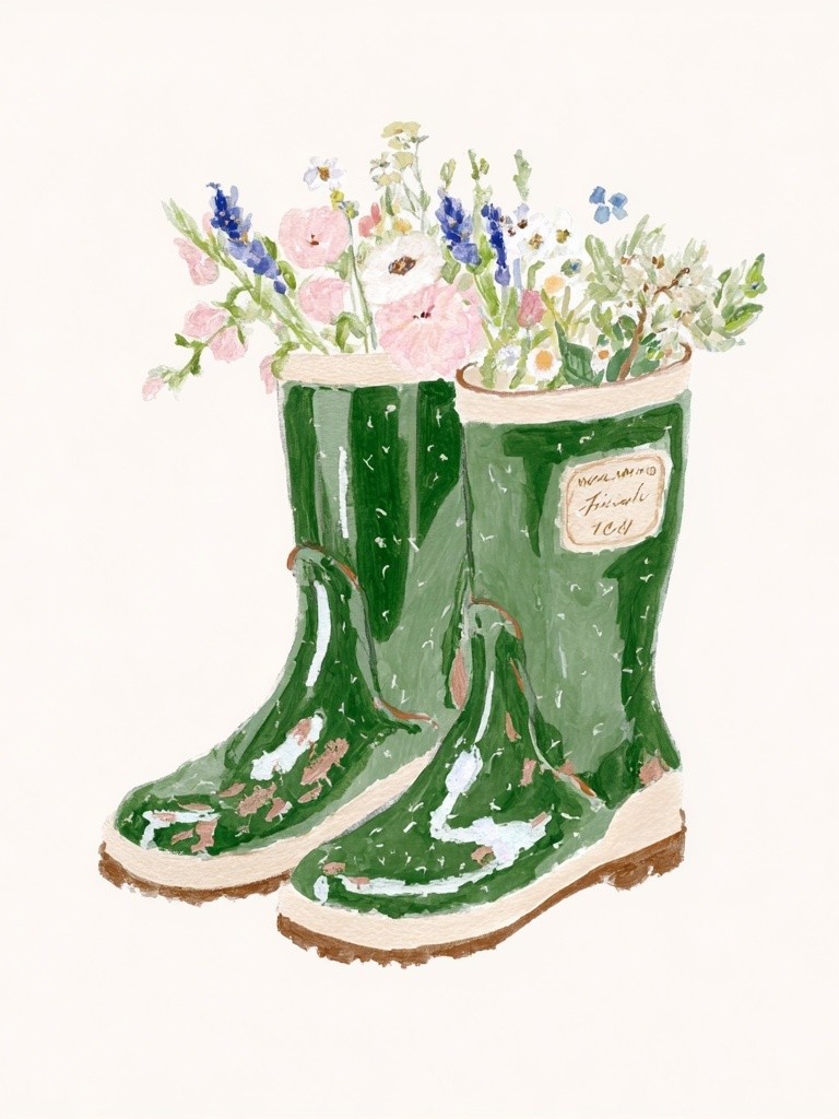 Green Wellies with Flowers — Illustration Print. poster — illustration art
