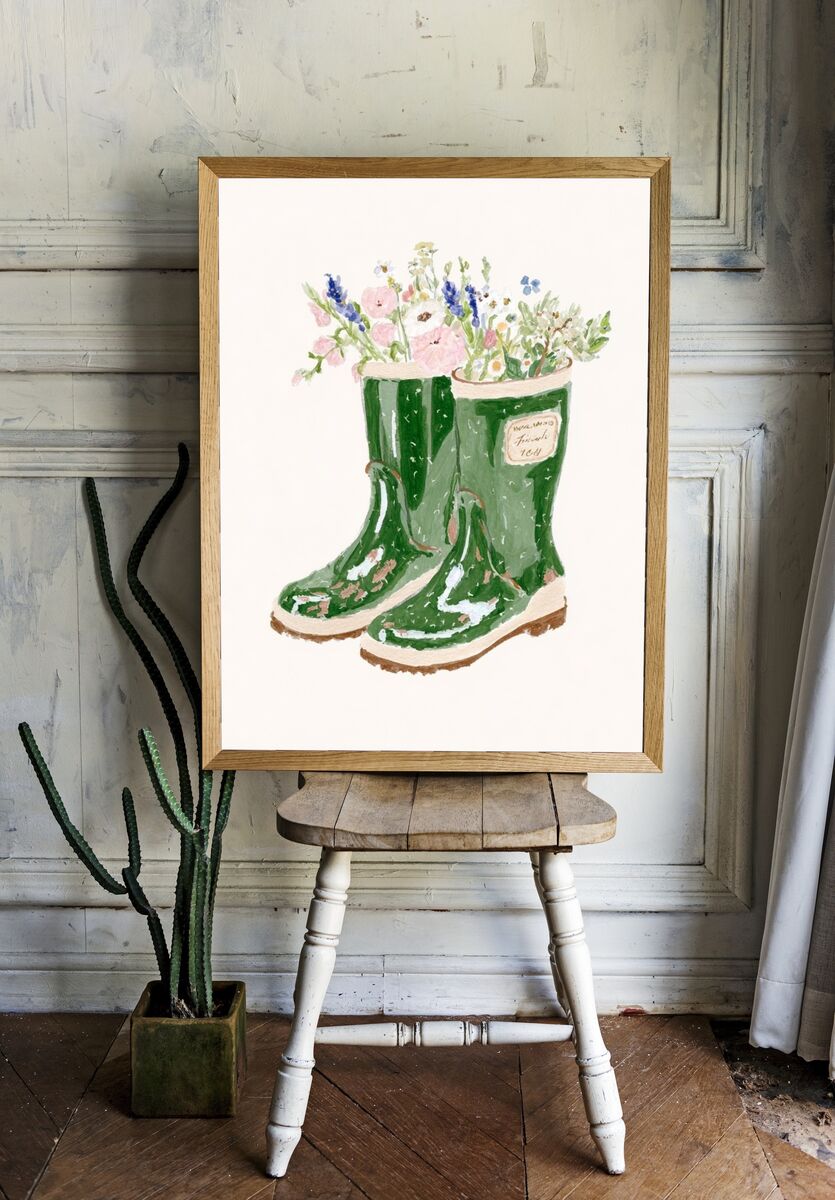 Green Wellies with Flowers — Illustration Print room preview