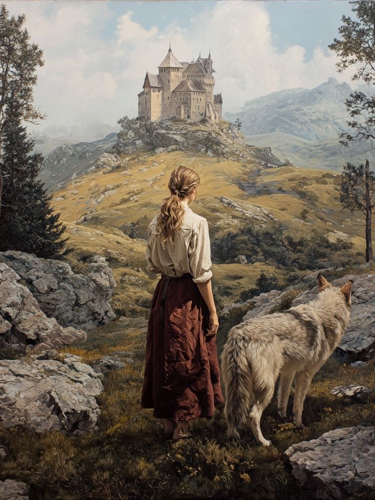 Girl and Wolf — Fantasy Landscape Print. poster — fine-art art