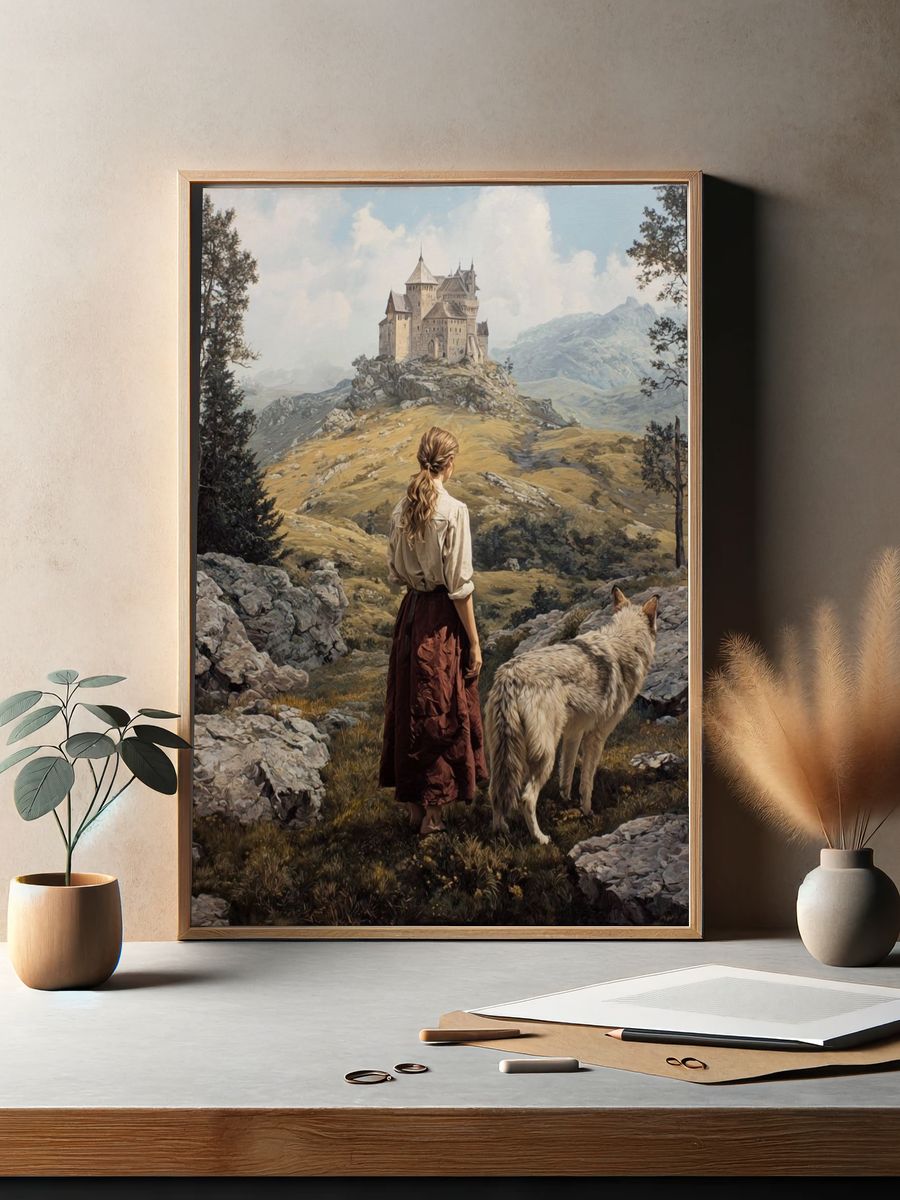 Girl and Wolf — Fantasy Landscape Print. — room view 2