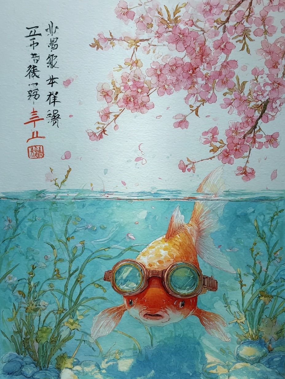 Goldfish with Goggles — Watercolor Print. poster — illustration art