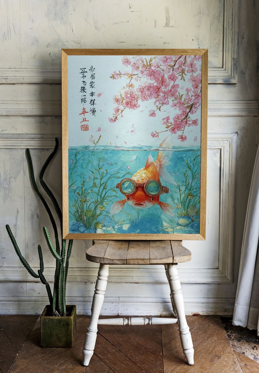 Goldfish with Goggles — Watercolor Print. — room view 1