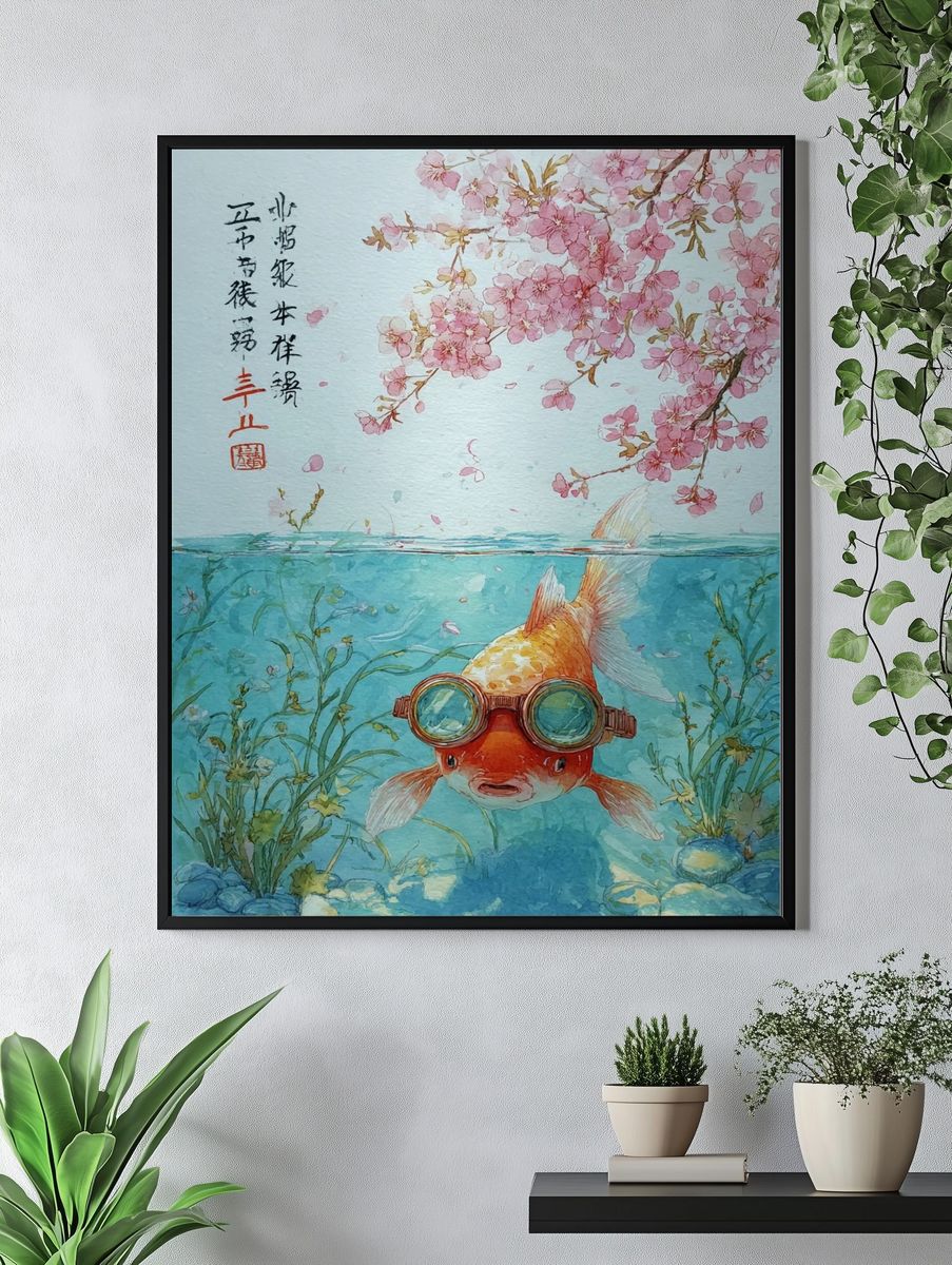 Goldfish with Goggles — Watercolor Print. — room view 4
