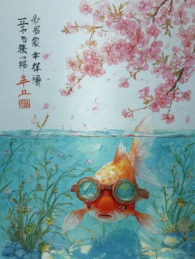 Goldfish with Goggles — Watercolor Print. poster