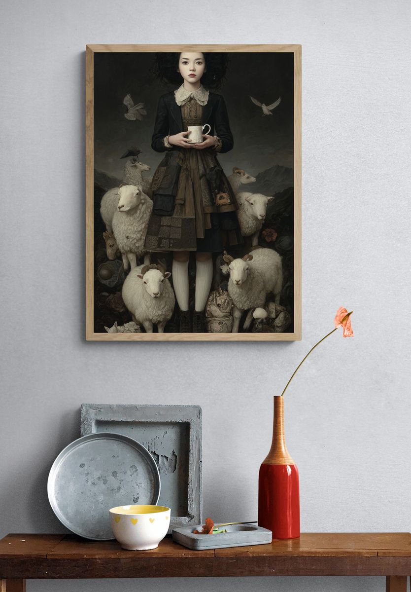 Girl with Sheep — Fine Art Print. — room view 3