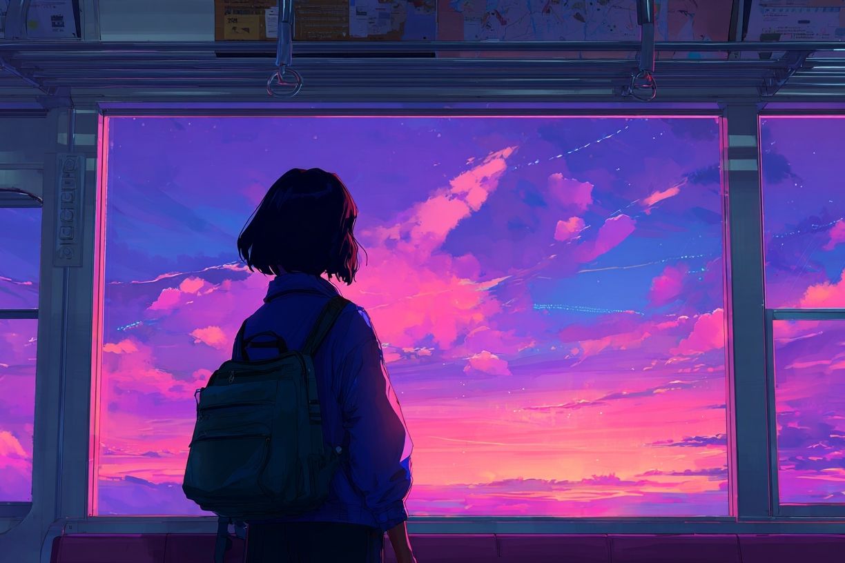 Girl Watching Sunset — Digital Art Print. poster detail