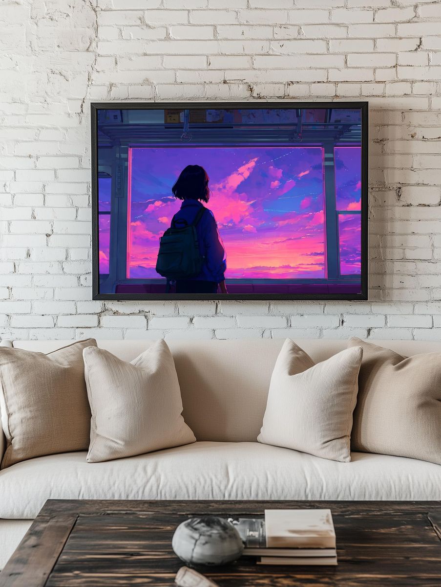 Girl Watching Sunset — Digital Art Print room preview