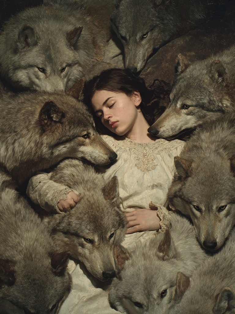Girl with Wolves — Fine Art Print. poster — fine-art art
