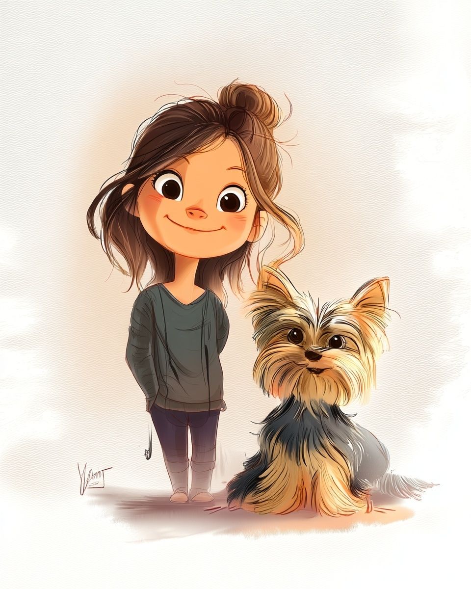 Girl with Yorkshire Terrier — Illustration Print. poster — illustration art