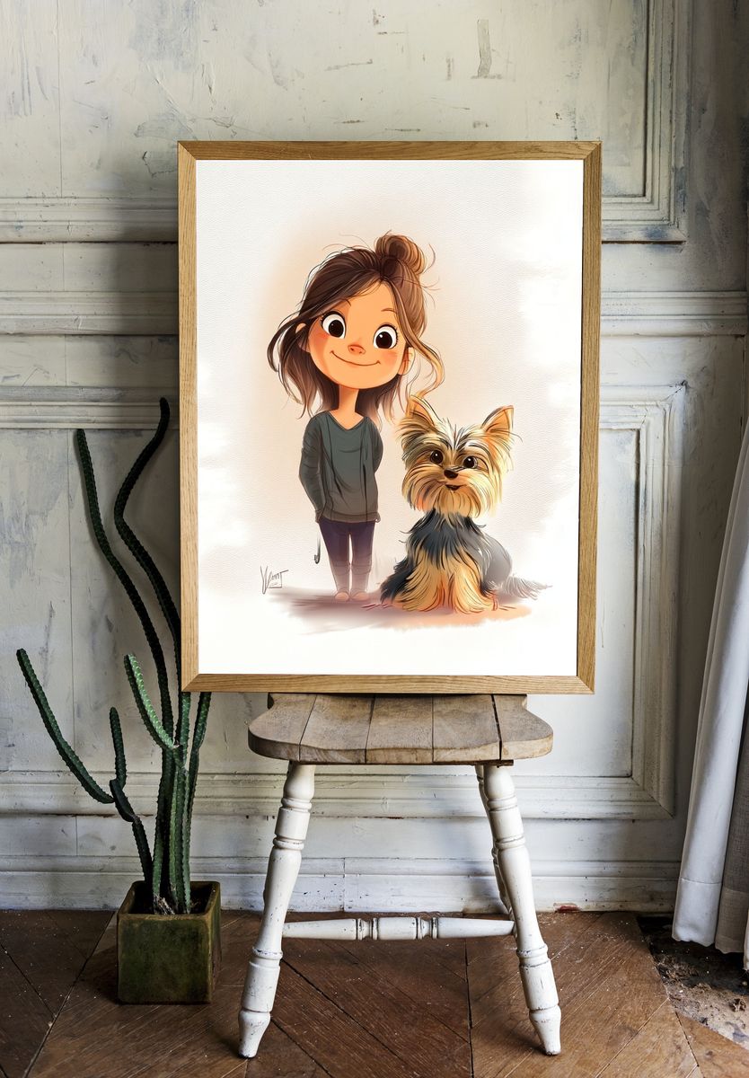 Girl with Yorkshire Terrier — Illustration Print. room preview