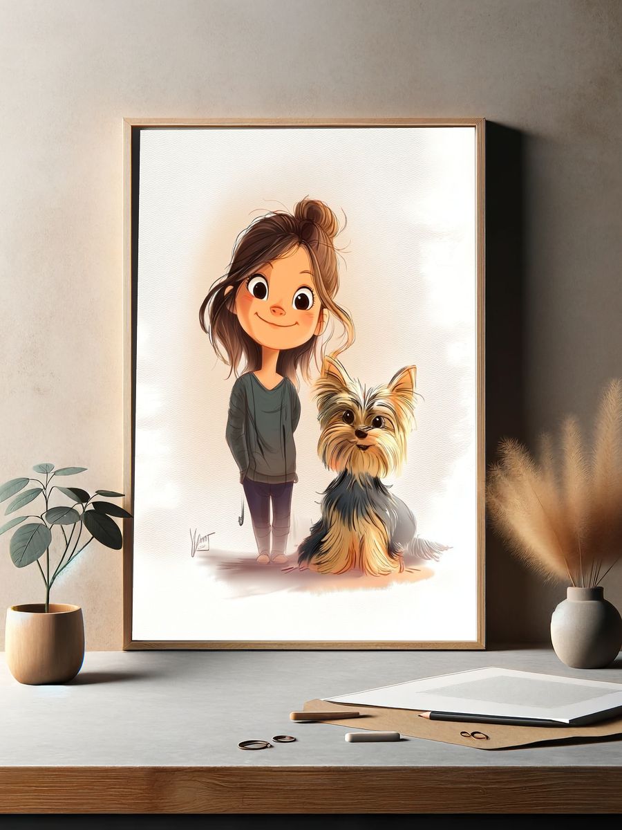 Girl with Yorkshire Terrier — Illustration Print. — room view 2