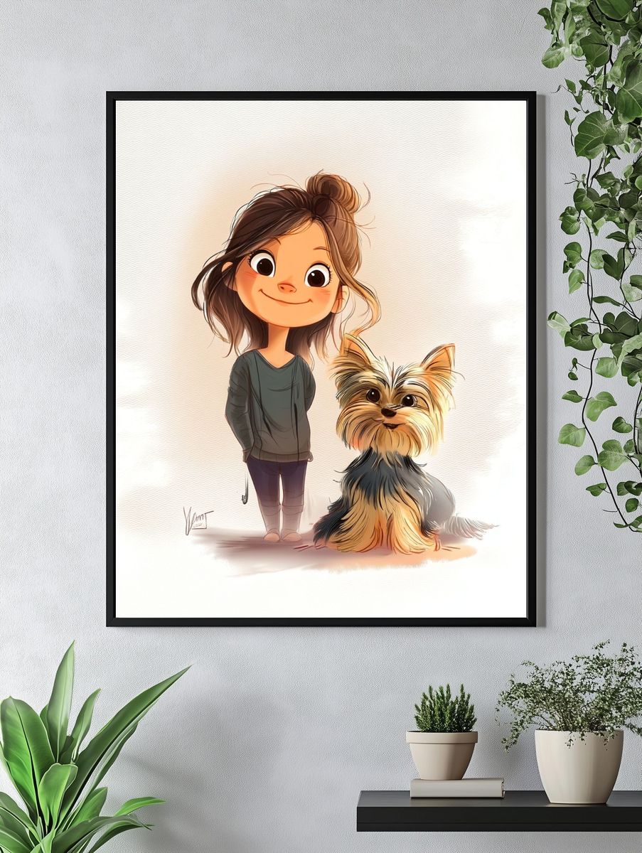 Girl with Yorkshire Terrier — Illustration Print. — room view 4