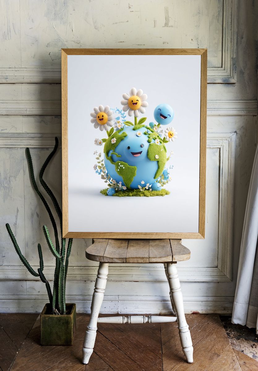 Happy Earth with Flowers — Illustration Print. — room view 1