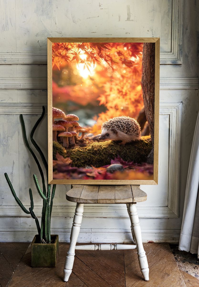 Hedgehog in Autumn Forest Poster. — room view 1