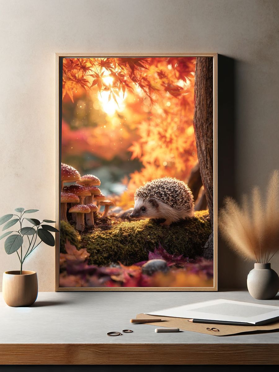 Hedgehog in Autumn Forest Poster. — room view 2