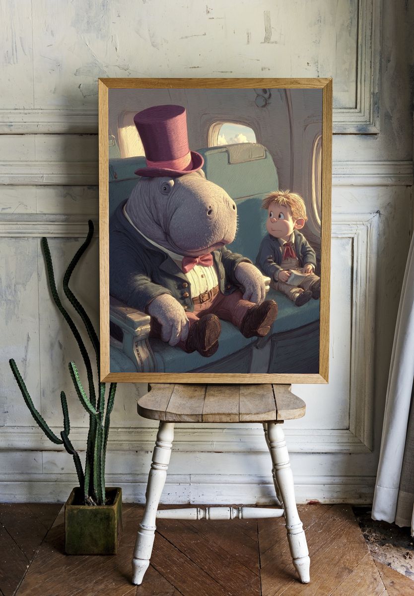 Whimsical Hippo and Boy — Illustration Print room preview