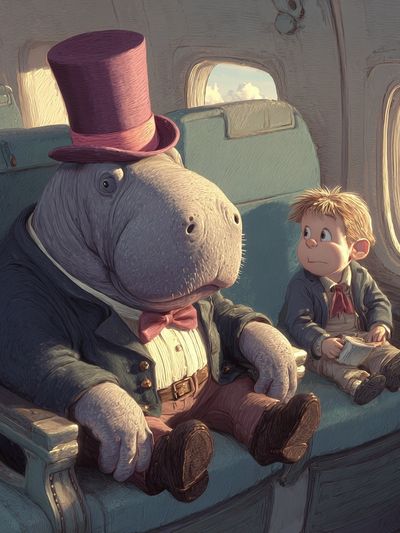 Whimsical Hippo and Boy — Illustration Print. poster print